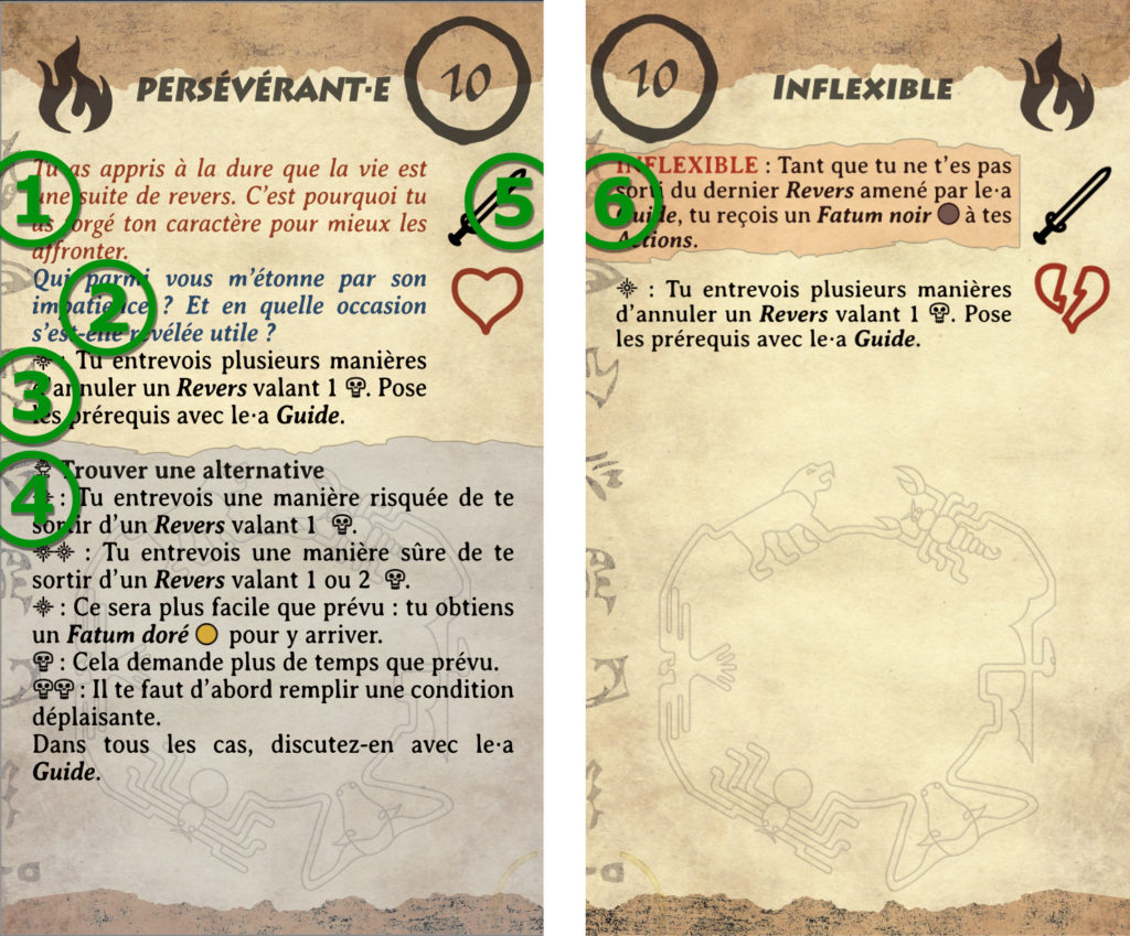 Exemple de Tempérament avec le•a Persévérant•e. On y voit les 4 champs d'information et l'icône de Domaine (ici Guerrier). Le verso montre la Clé Inflexible qui marque la détérioration du Tempérament.